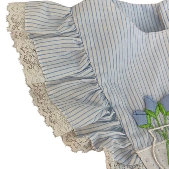 Vintage baby dress white blue striped kitten and flowers lace trim girls 18 mo - Picture 4 of 6